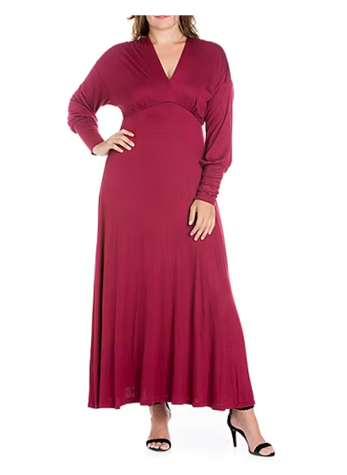 24Seven Comfort Apparel Womens Plus Size Formal Long Sleeve Maxi Dress, Red, 2X