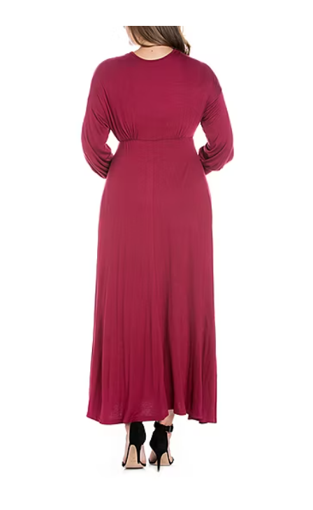 24Seven Comfort Apparel Womens Plus Size Formal Long Sleeve Maxi Dress, Red, 2X