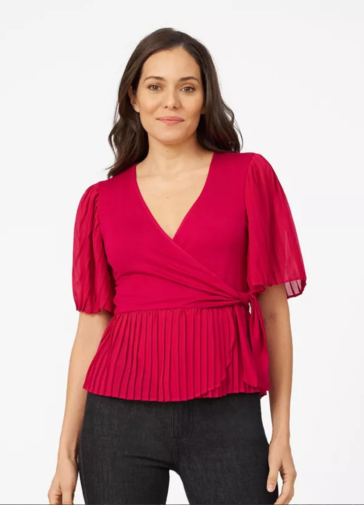 Cable and Gauge Womens Pleated Stretch Wrap Top - Jet Black, Medium