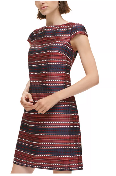 Vince Camuto Womens Jacquard Shift Dress with Cap Sleeves, Navy Blue, 8