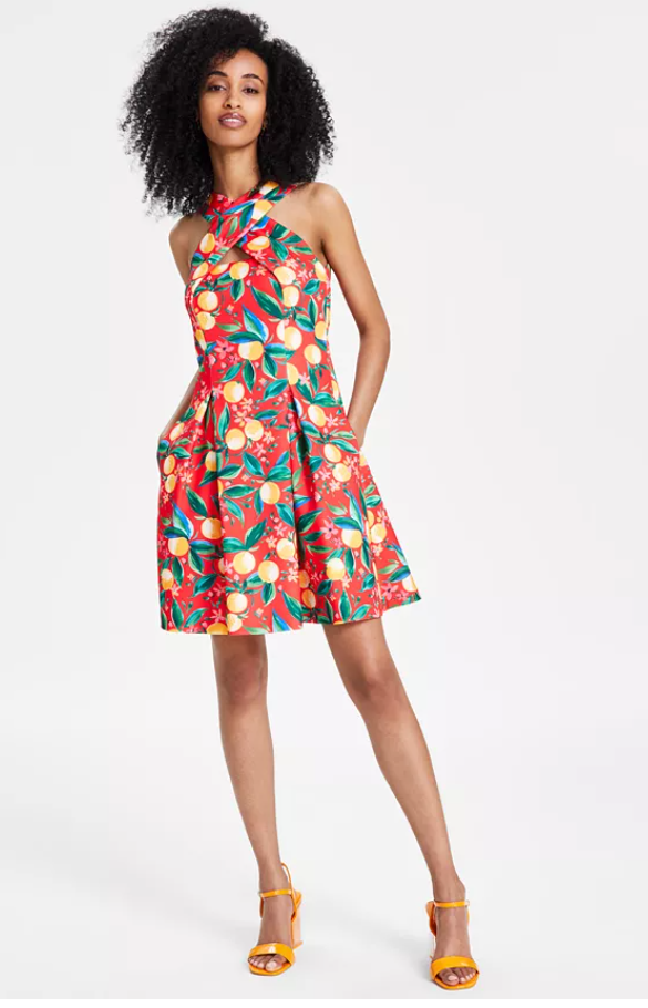 Vince Camuto Womens Printed Halter Fit and Flare Dress, Size 6