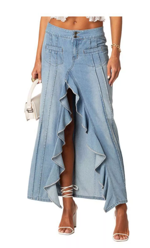 EDIKTED Valencia Ruffle Slitted Denim Maxi Skirt, XL
