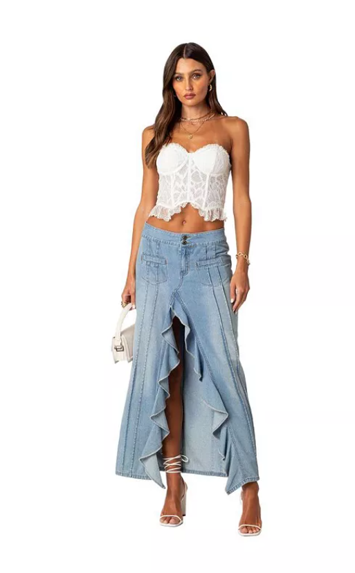 EDIKTED Valencia Ruffle Slitted Denim Maxi Skirt, XL