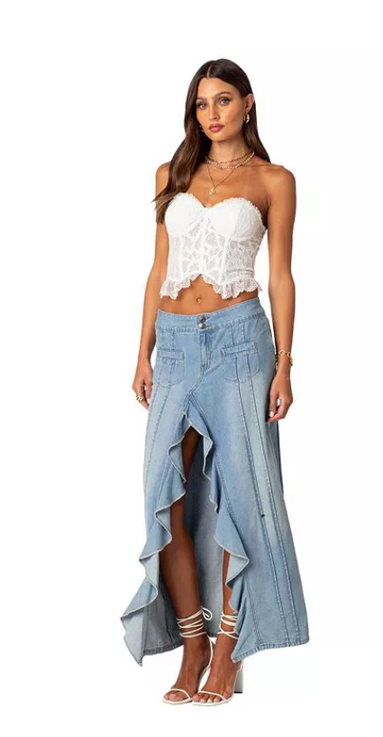 EDIKTED Valencia Ruffle Slitted Denim Maxi Skirt, XL