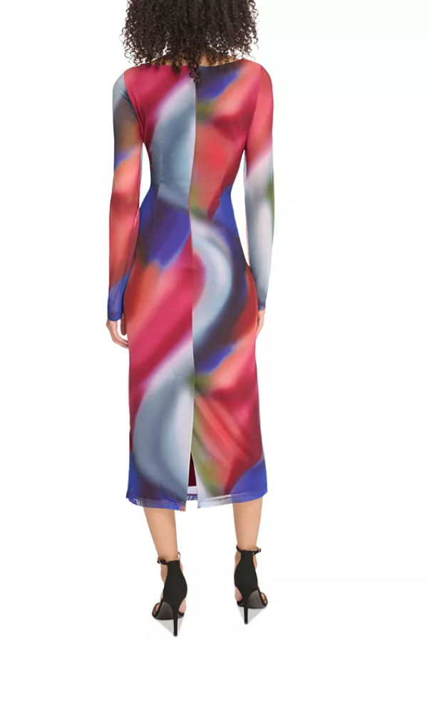 Vince Camuto Womens Printed Mesh Ruched Bodycon Dress, Size 10