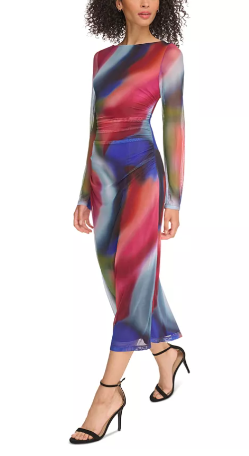 Vince Camuto Womens Printed Mesh Ruched Bodycon Dress, Size 10