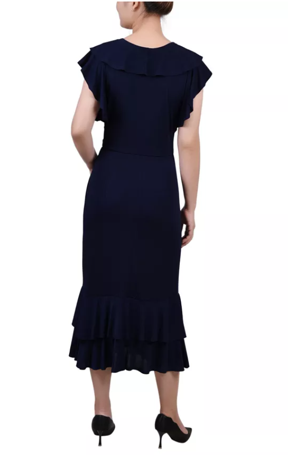 NY Collection Womens Short Flutter Sleeve Ruffle Neck Dress, Size Medium