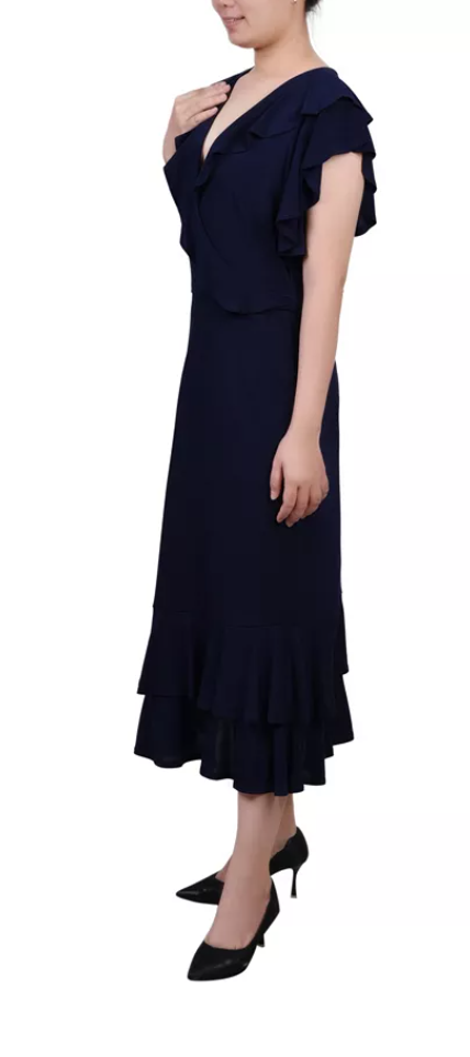 NY Collection Womens Short Flutter Sleeve Ruffle Neck Dress, Size Medium