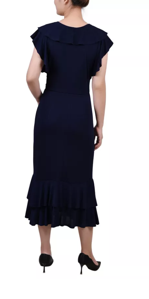 NY Collection Womens Short Flutter Sleeve Ruffle Neck Dress, Size Medium