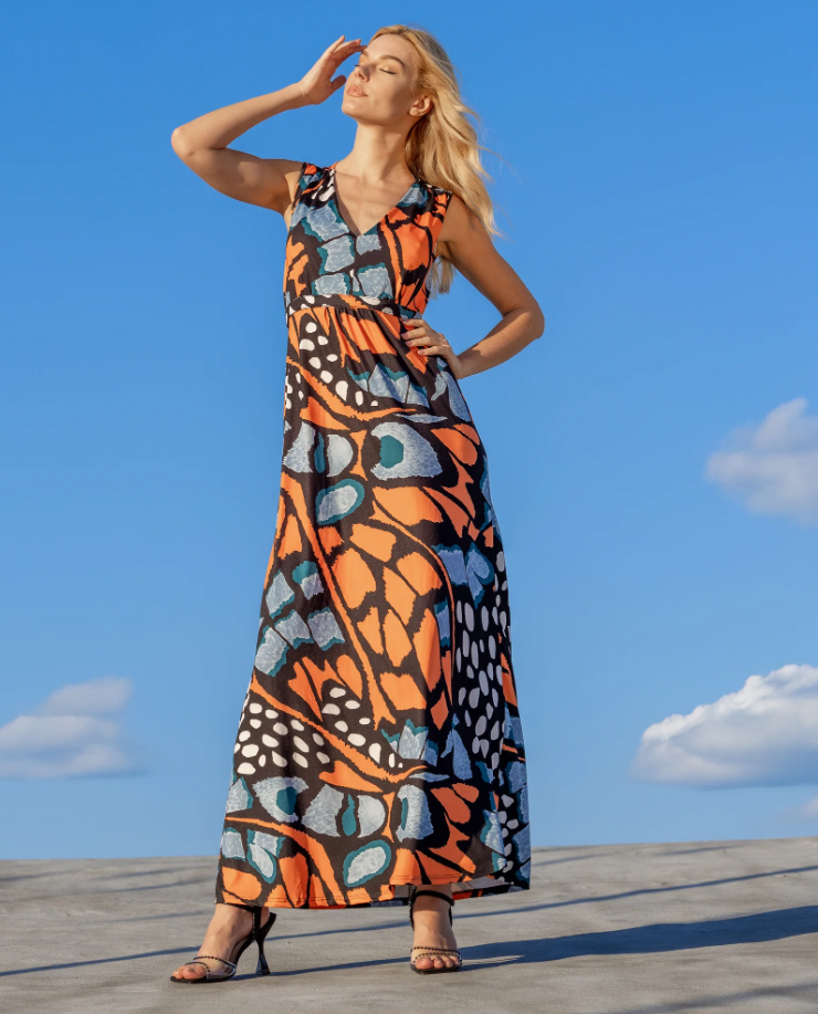 24seven Comfort Womens Orange Butterfly Print V Neck Tie Back Empire Wai