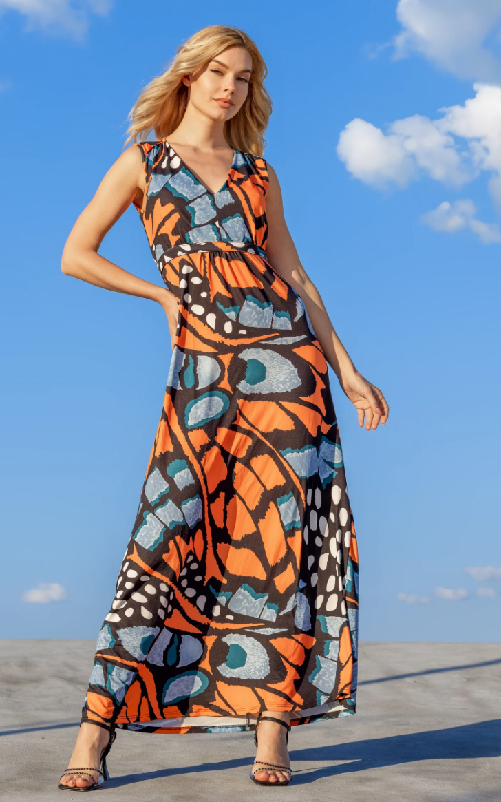 24seven Comfort Womens Orange Butterfly Print V Neck Tie Back Empire Wai