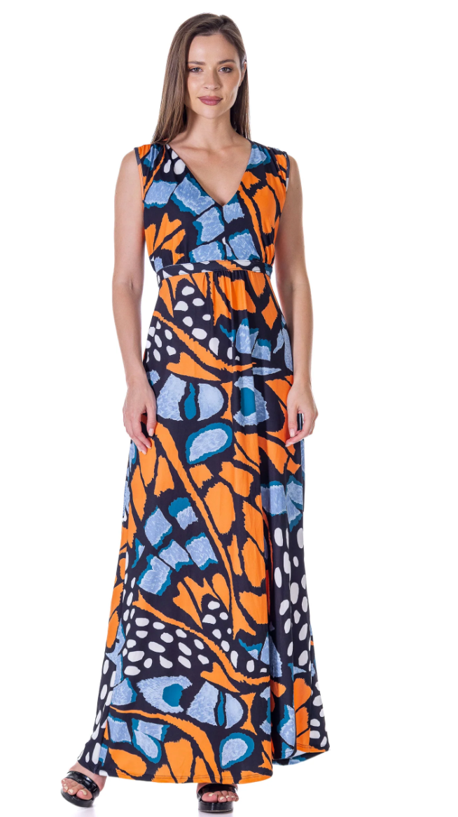 24seven Comfort Womens Orange Butterfly Print V Neck Tie Back Empire Wai