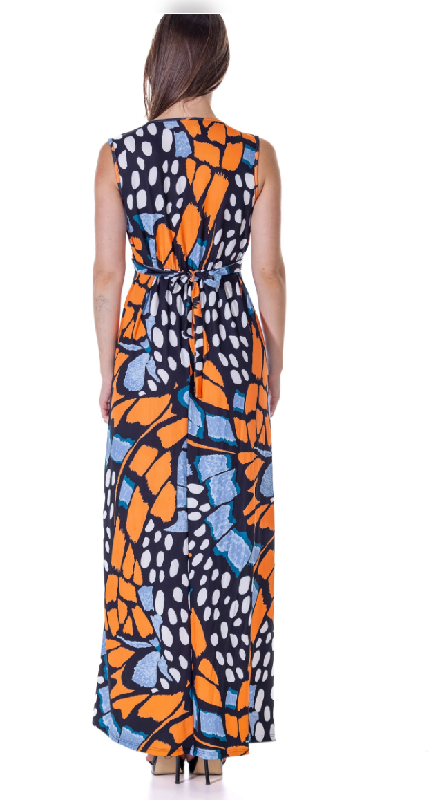 24seven Comfort Womens Orange Butterfly Print V Neck Tie Back Empire Wai