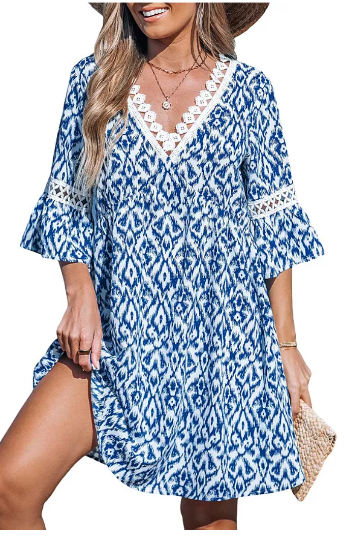 Cupshe Womens Abstract Print Lace Pointelle Mini Beach Dress - Blue