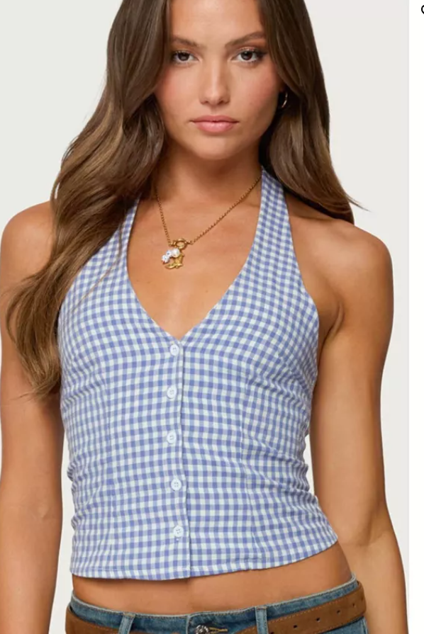 EDIKTED Evan Gingham Button up Halter Top, Size Small