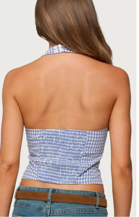 EDIKTED Evan Gingham Button up Halter Top, Size Small
