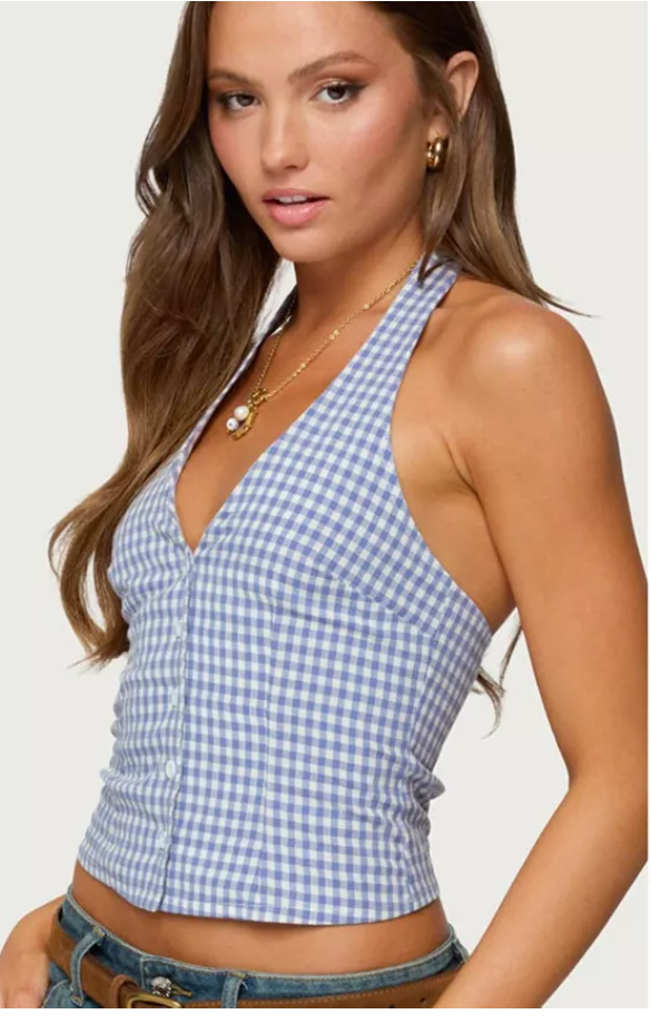 EDIKTED Evan Gingham Button up Halter Top, Size Small