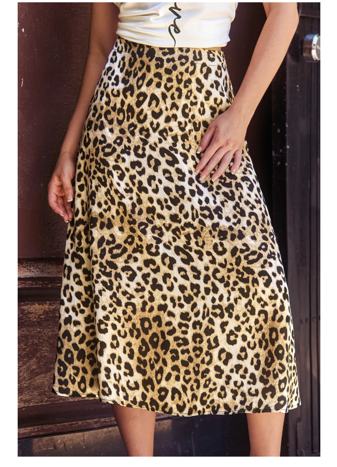 Camel Leopard Print High-Waisted Midi Skirt, Medium