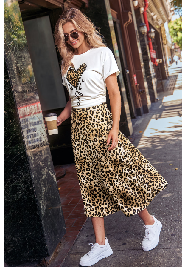 Camel Leopard Print High-Waisted Midi Skirt, Medium