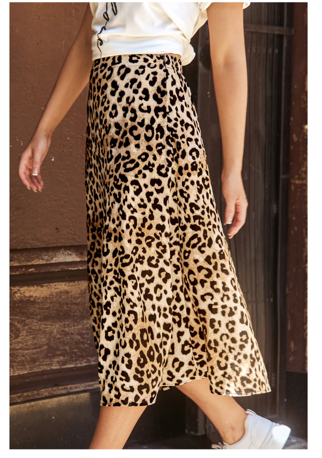 Camel Leopard Print High-Waisted Midi Skirt, Medium