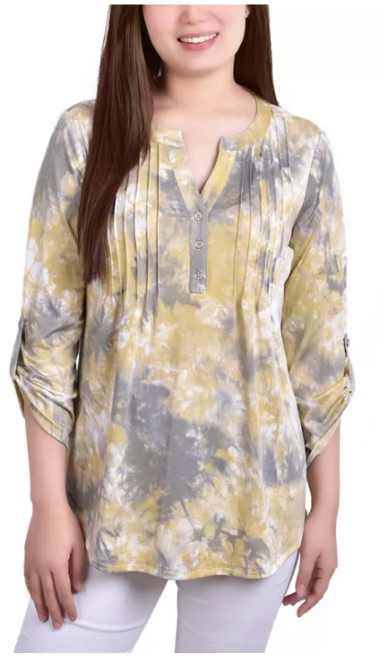 NY Collection Womens 3/4 Roll Tab Sleeve Y-neck Top