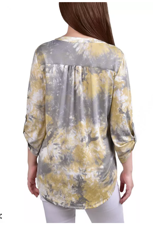 NY Collection Womens 3/4 Roll Tab Sleeve Y-neck Top