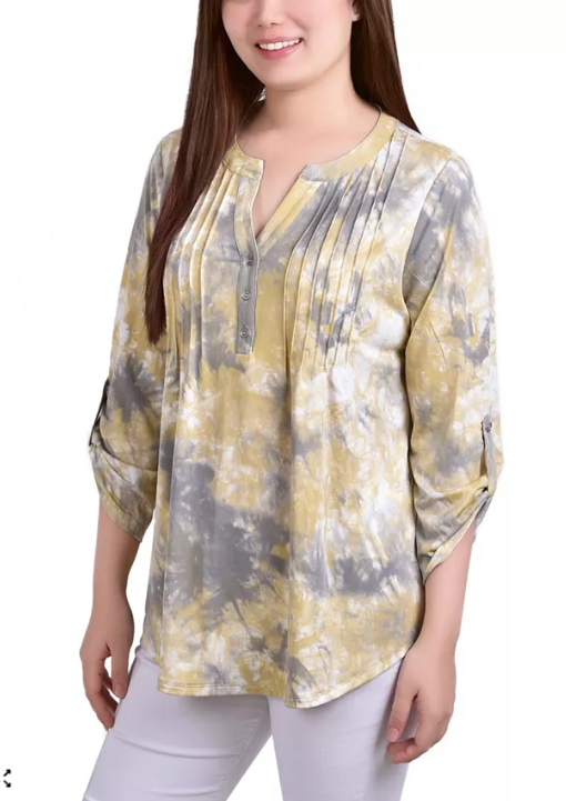 NY Collection Womens 3/4 Roll Tab Sleeve Y-neck Top