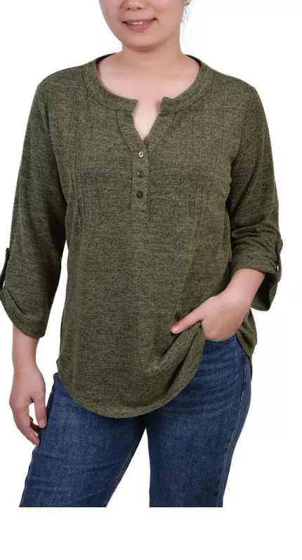 Ny Collection Womens 3/4 Roll Tab Sleeve Y-Neck Top, Large