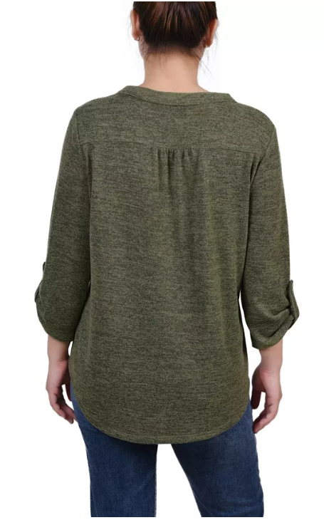 Ny Collection Womens 3/4 Roll Tab Sleeve Y-Neck Top, Large