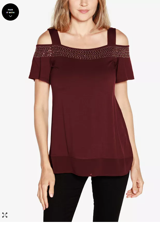 Belldini Womens Embellished Cold-Shoulder Top, Size XL