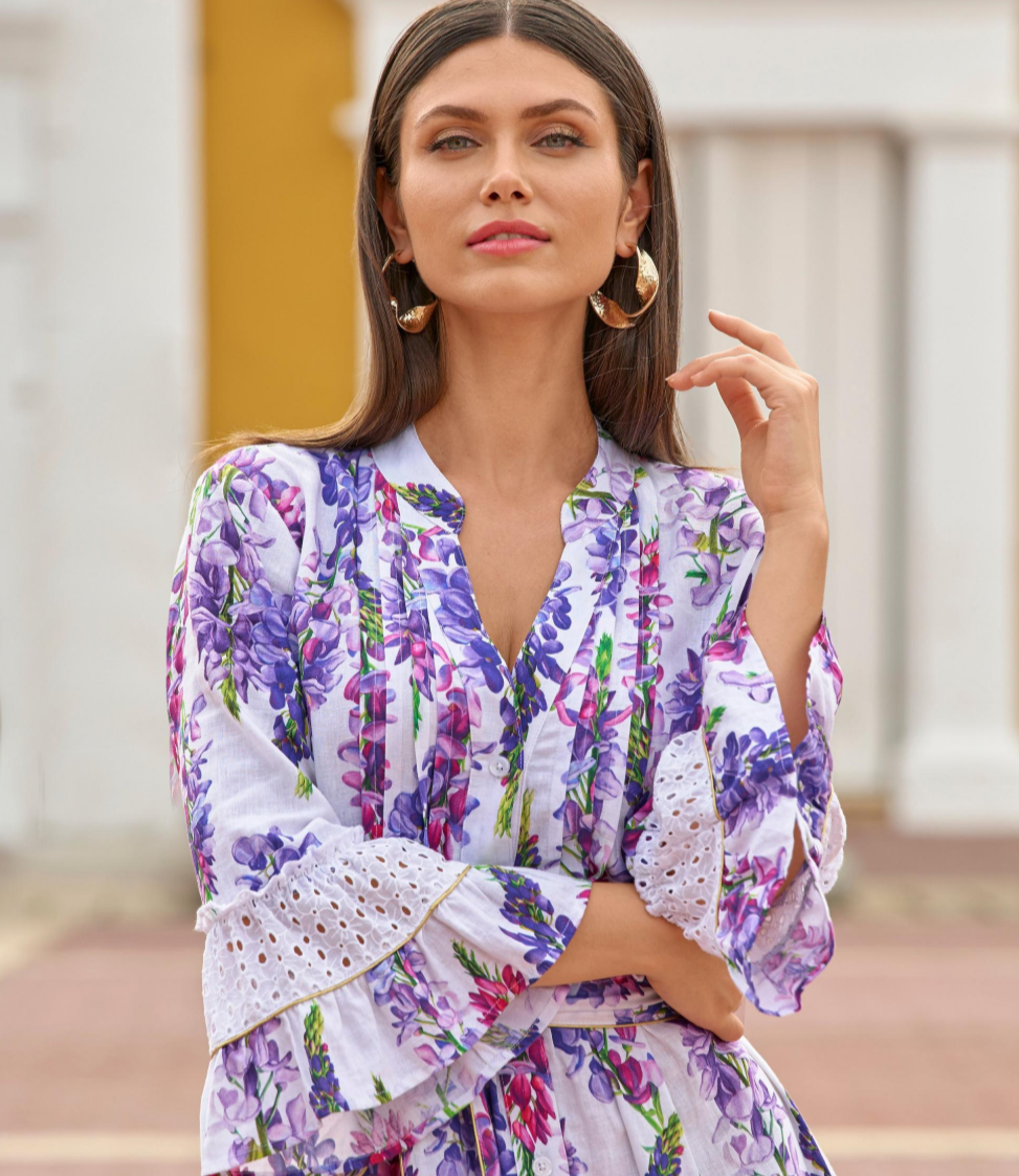 Boston Proper Wisteria Wonder Print Eyelet Inset Tiered A Line Dress, Size 8