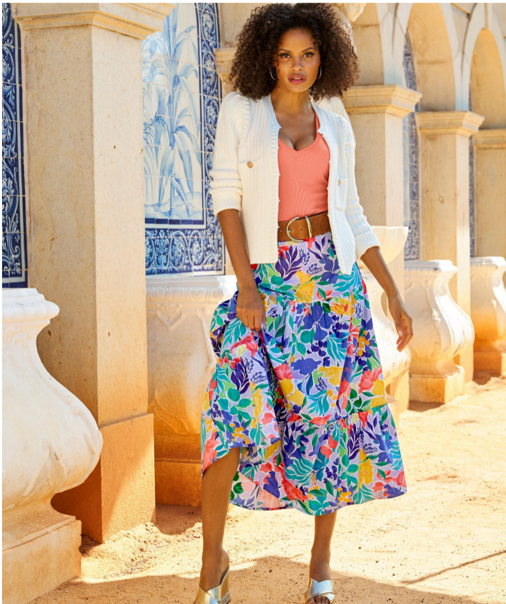 Boston Proper Floral Collage Print Poplin Midi Skirt,Medium