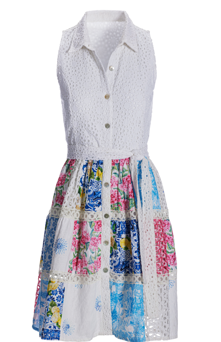 Boston Proper Mixed Media Eyelet Patchwork Print Fit and Flare Dress, Size Medium