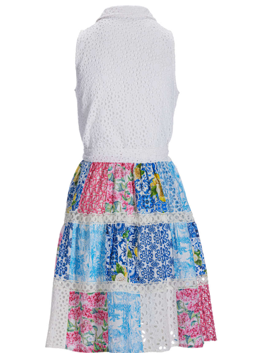 Boston Proper Mixed Media Eyelet Patchwork Print Fit and Flare Dress, Size Medium
