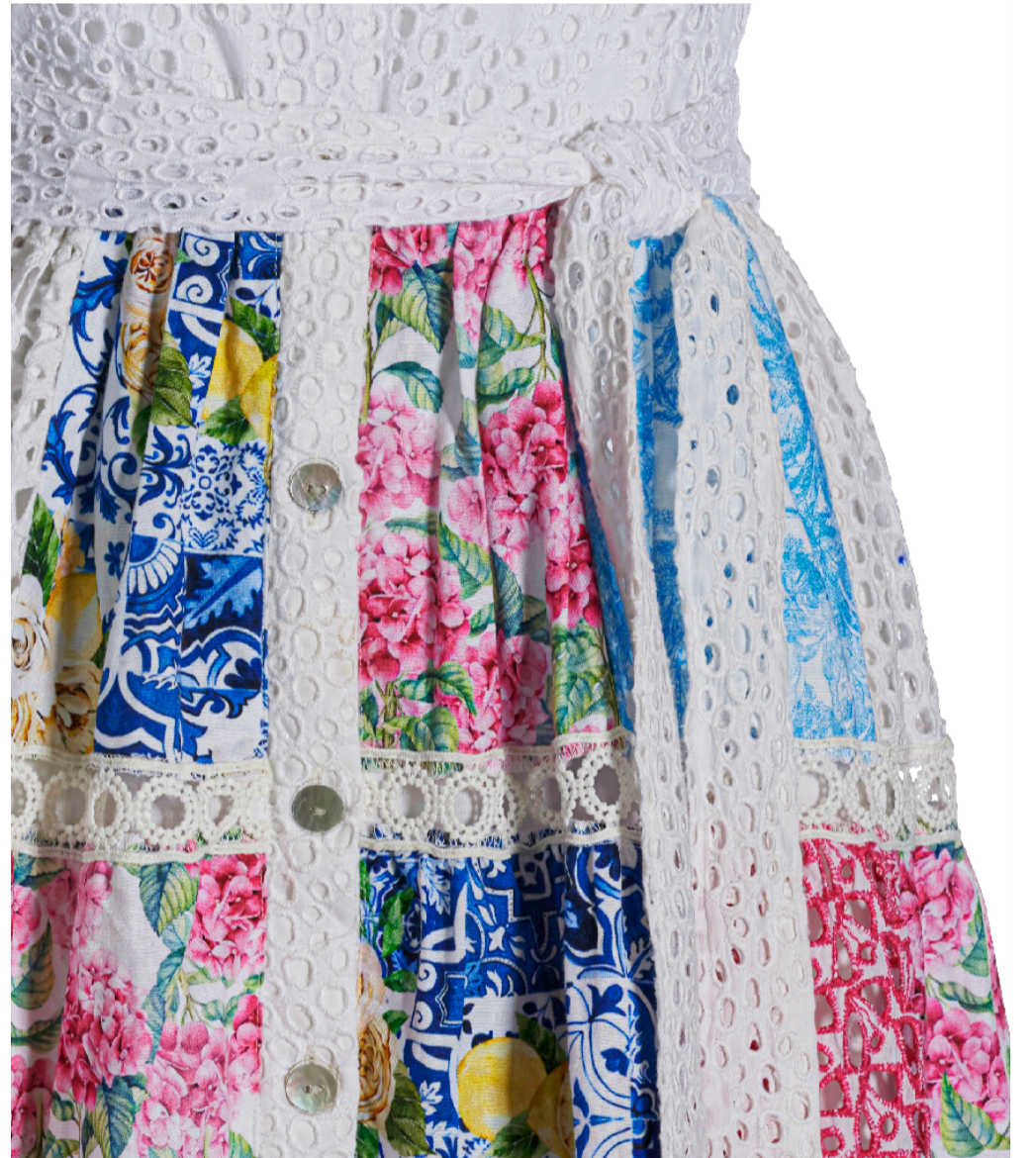 Boston Proper Mixed Media Eyelet Patchwork Print Fit and Flare Dress, Size Medium