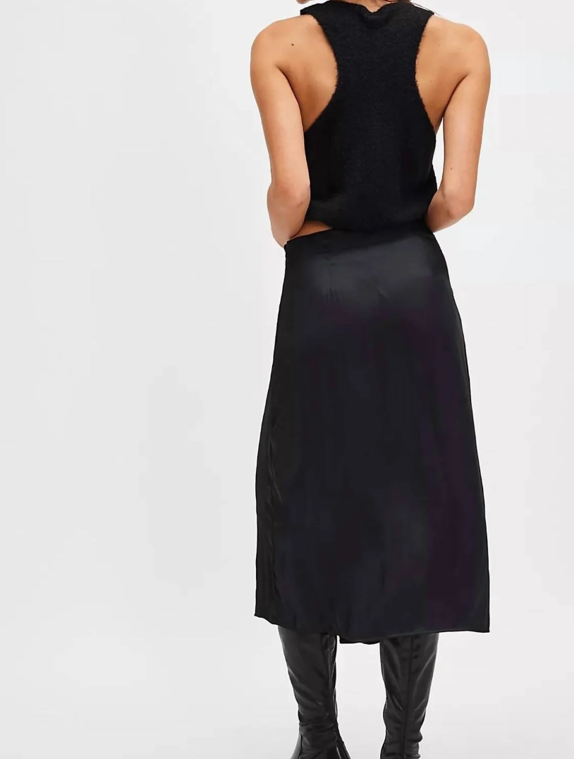 FFREE PEOPLE Analise Button Front Satin Midi Skirt In Black, Size 8