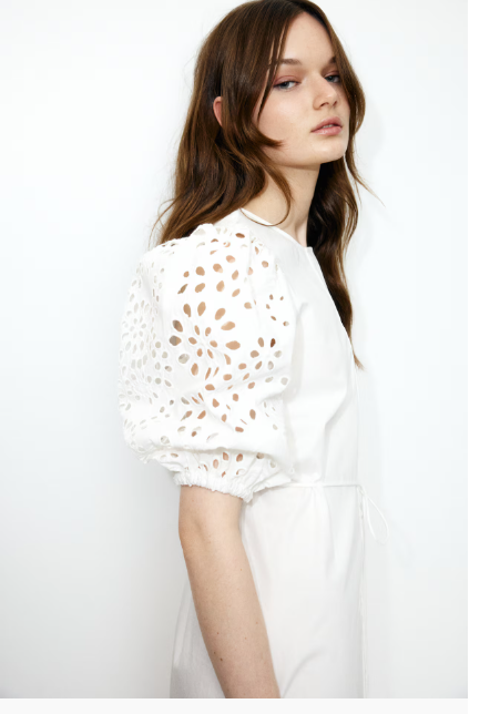 HandM Dress with Eyelet-Embroidered Sleeves, Medium