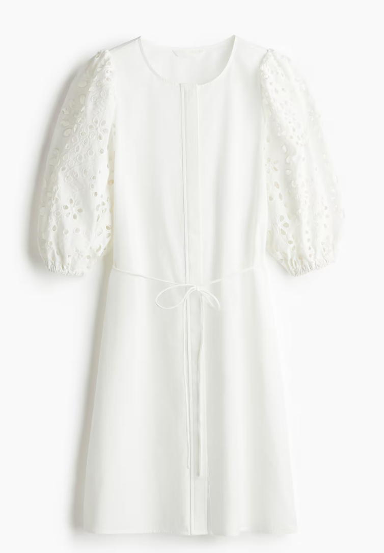HandM Dress with Eyelet-Embroidered Sleeves, Medium