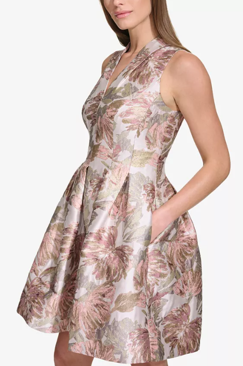 Vince Camuto Womens Jacquard V-Neck Fit and Flare Dress, Size 6