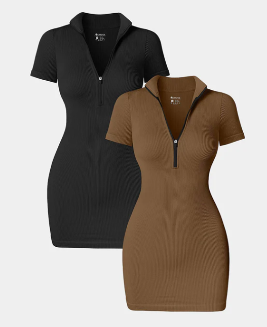 OQQ 2 Pieces Zip Front Short Sleeve Mini Dress, Size Large