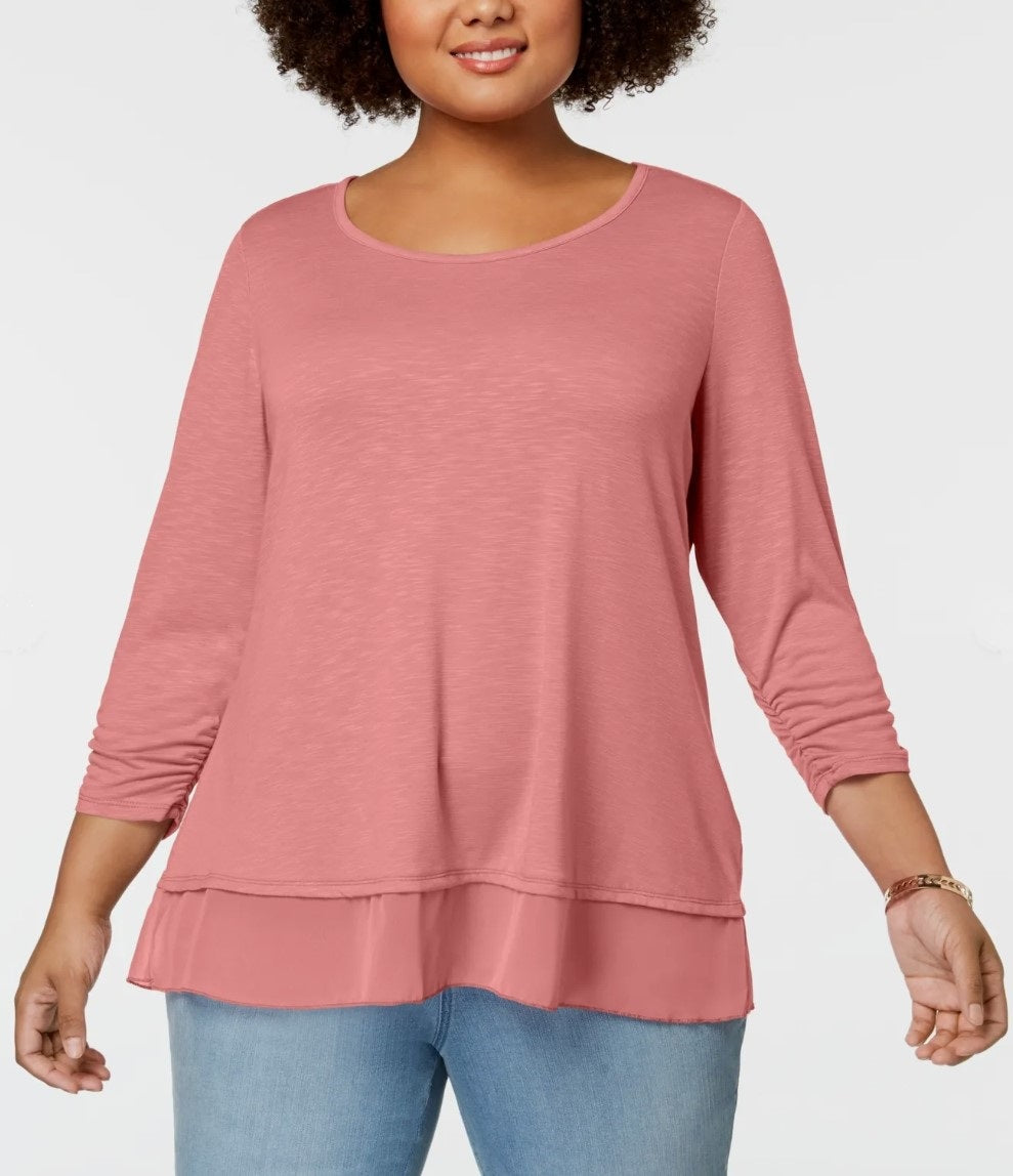 Style & Co Plus Size Chiffon-Hem Top, 1X, Peach Berry