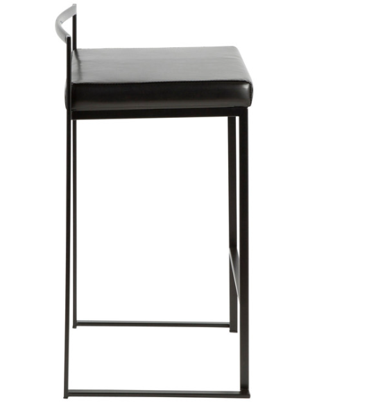 LumiSource Fuji Counter Stool Set of 2, Black Faux Leather Cushion, Black Frame