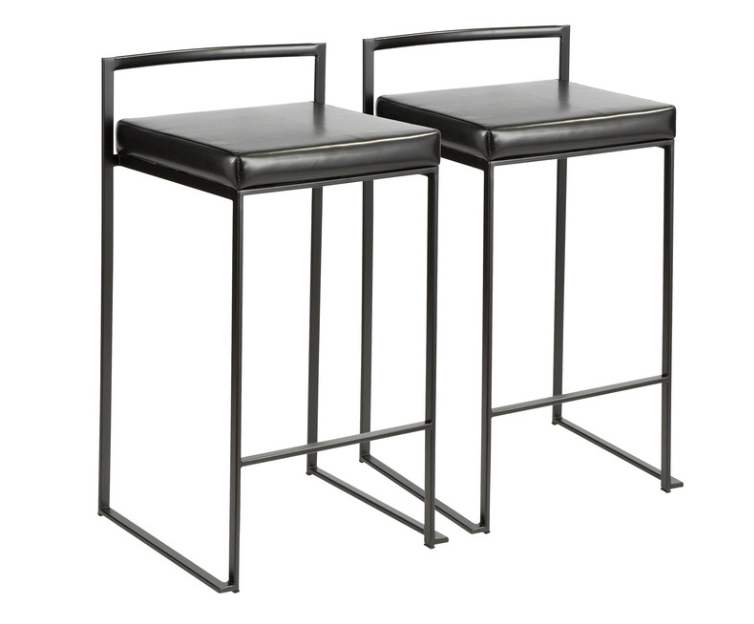 LumiSource Fuji Counter Stool Set of 2, Black Faux Leather Cushion, Black Frame