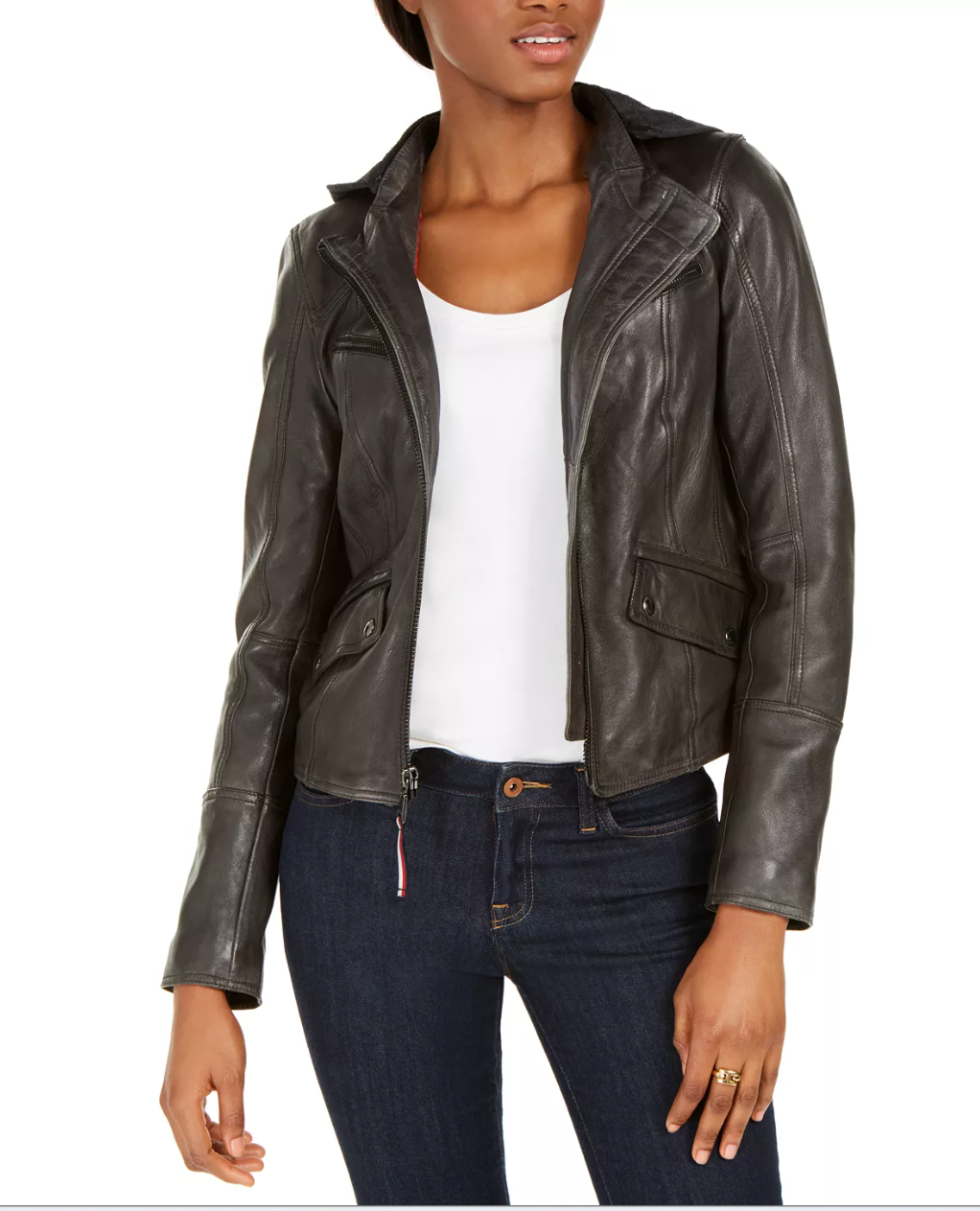 Tommy Hilfiger Leather Women's Zippered Pocketed Bomber Jacket