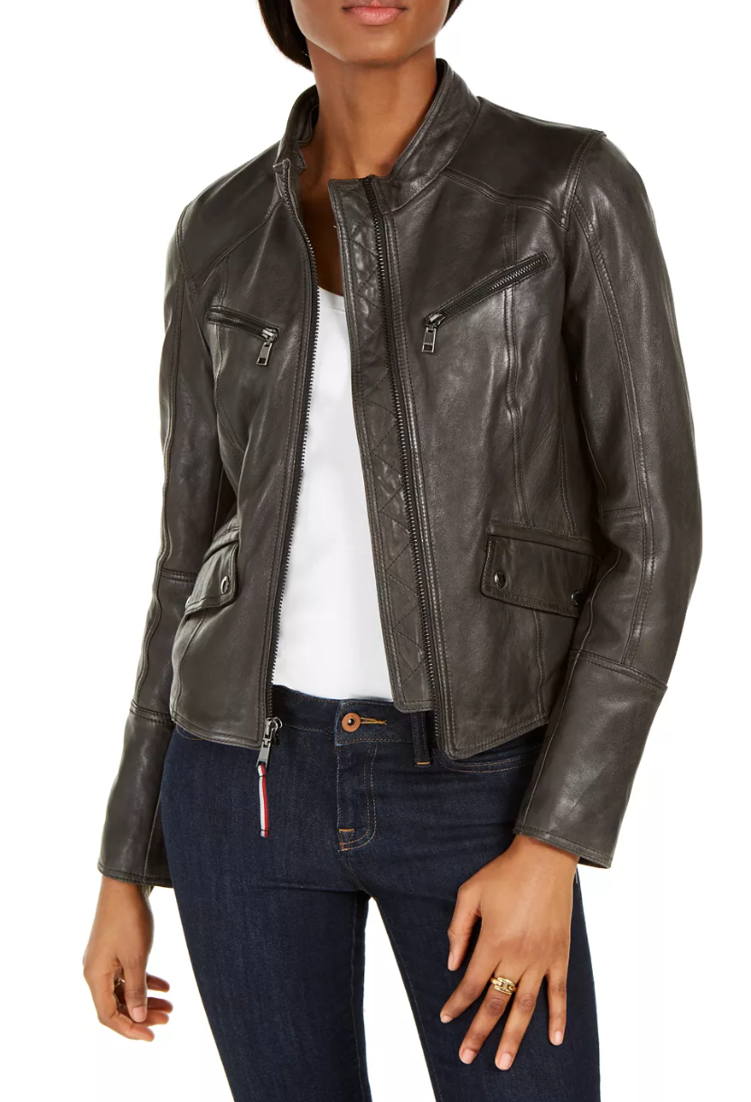 Tommy Hilfiger Leather Women's Zippered Pocketed Bomber Jacket