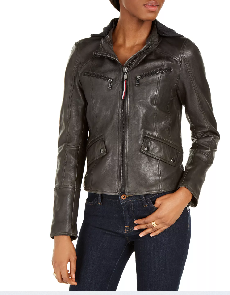 Tommy Hilfiger Leather Women's Zippered Pocketed Bomber Jacket