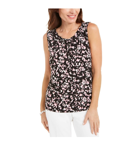 Kasper Printed Twist-Neck Sleeveless Top, Size Large