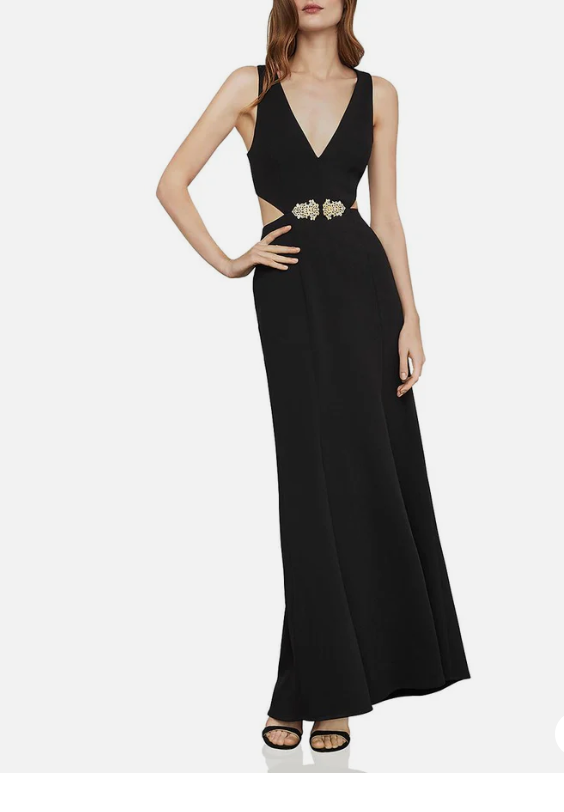 BCBG Max Azria Brooch-Trimmed Cutout Gown NNH6219752, Size 8/Black
