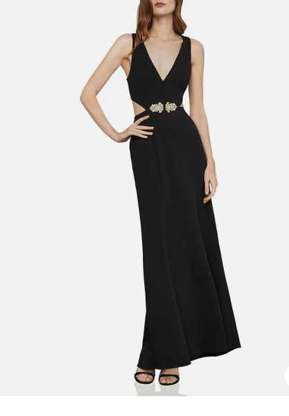 BCBG Max Azria Brooch-Trimmed Cutout Gown NNH6219752, Size 8/Black