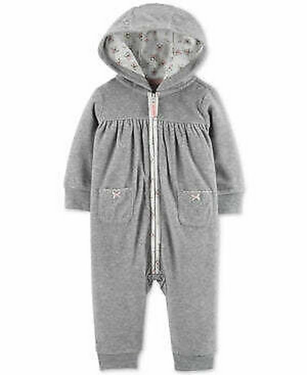 Baby Girl Carters Hooded Zip-Up Fleece Jumpsuit Gray Heather, Size 9 Months